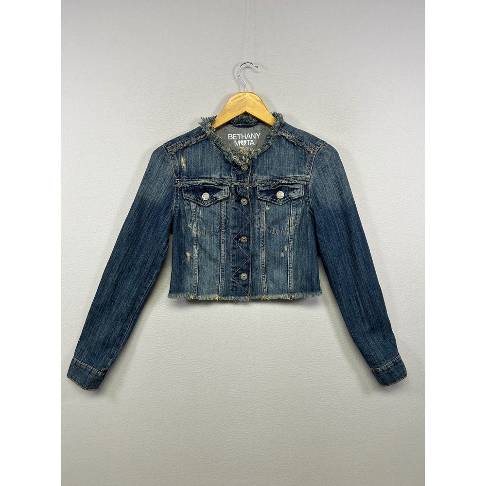 Bethany Mota Y2K Distressed Heart Patch Womens XS Blue Cropped Denim Jacket